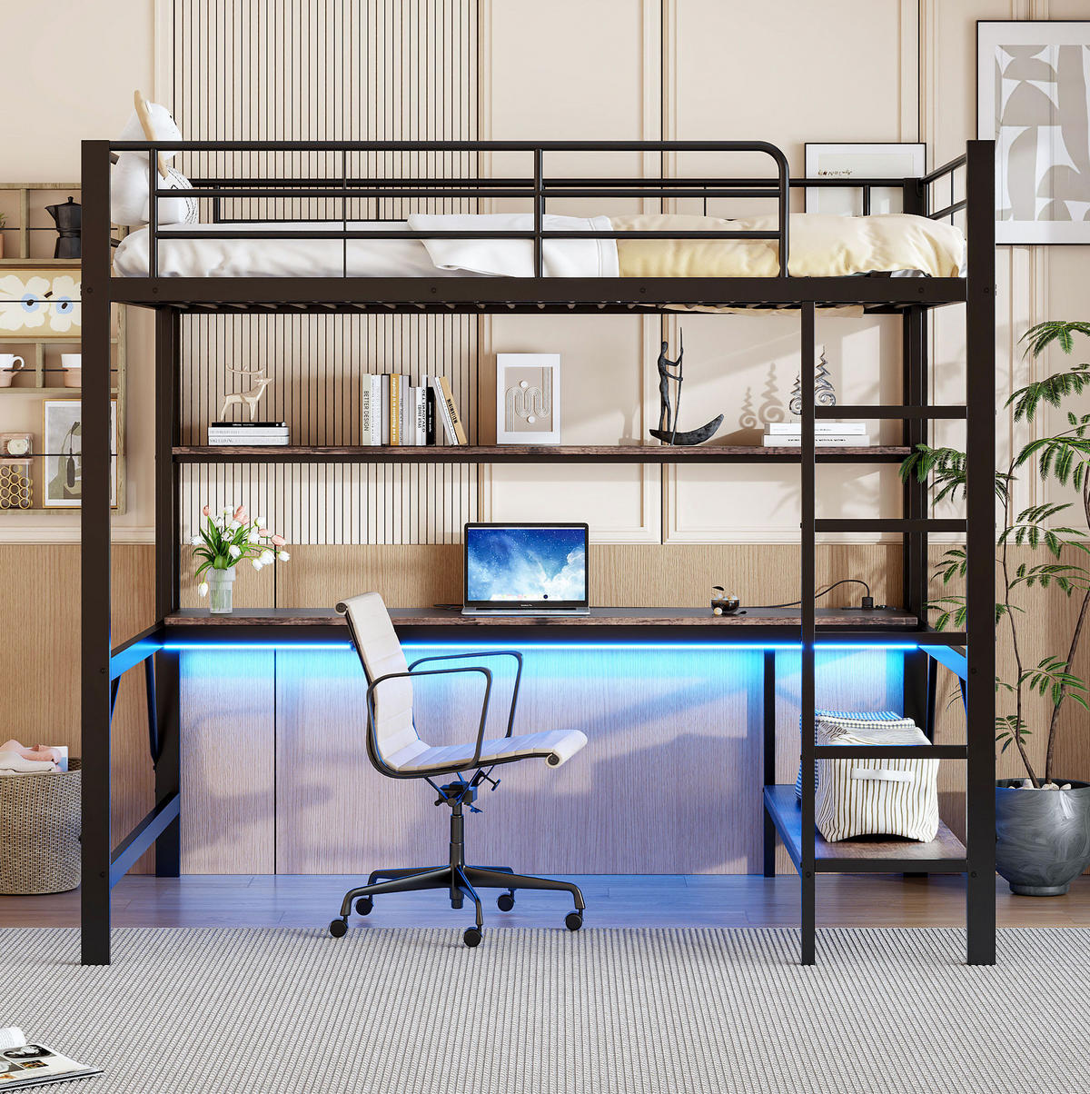 HOCHBETT 140/200 cm in Schwarz – mit Schreibtisch, Regal, Rausfallschutz und Leiter - Schwarz, Metall (140/200cm) - BEAOK