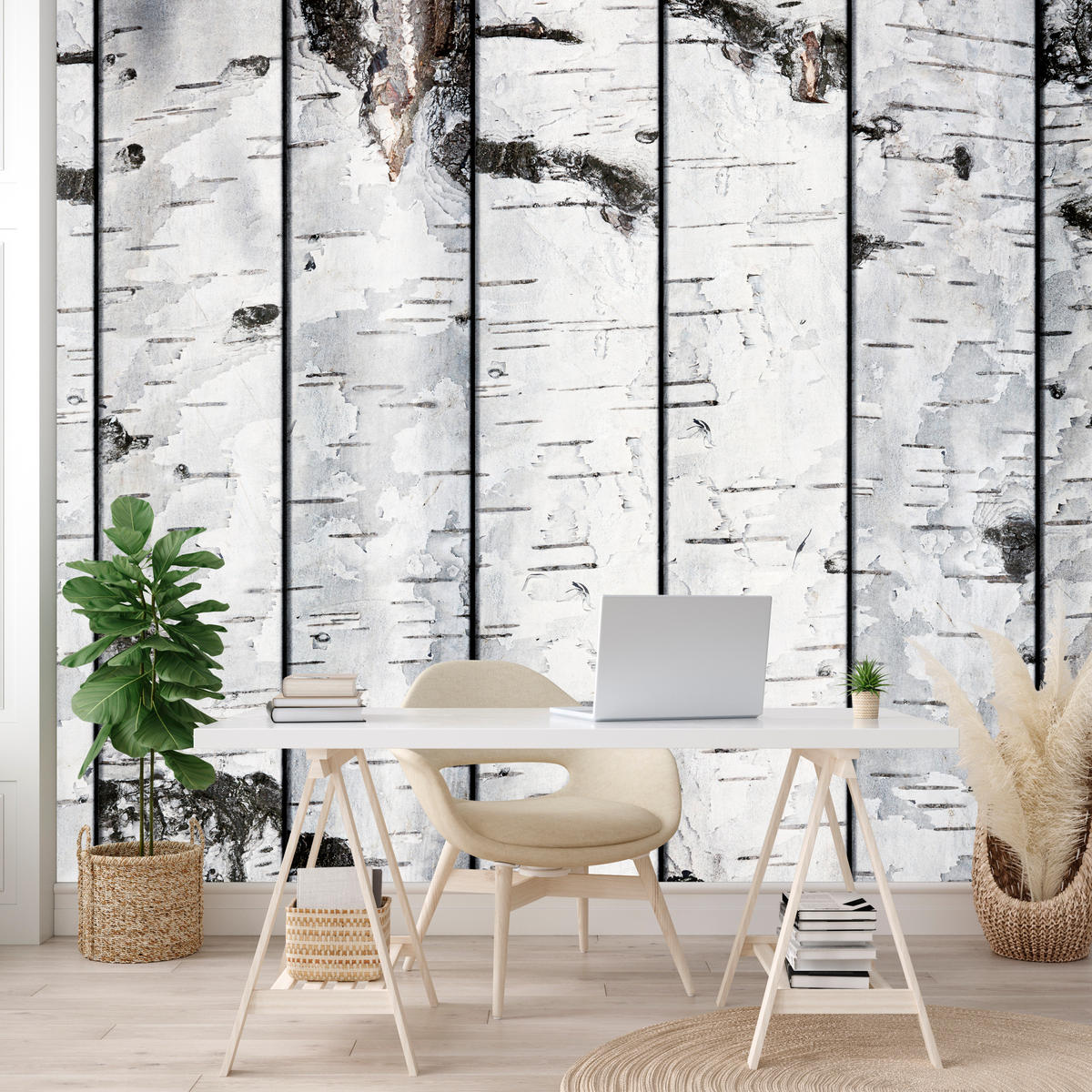 FOTOTAPETE für Schlafzimmer Birkenrinden Imitation Weiß Baum 300x210 - Schwarz/Weiß, Papier (300/210cm) - Muralo