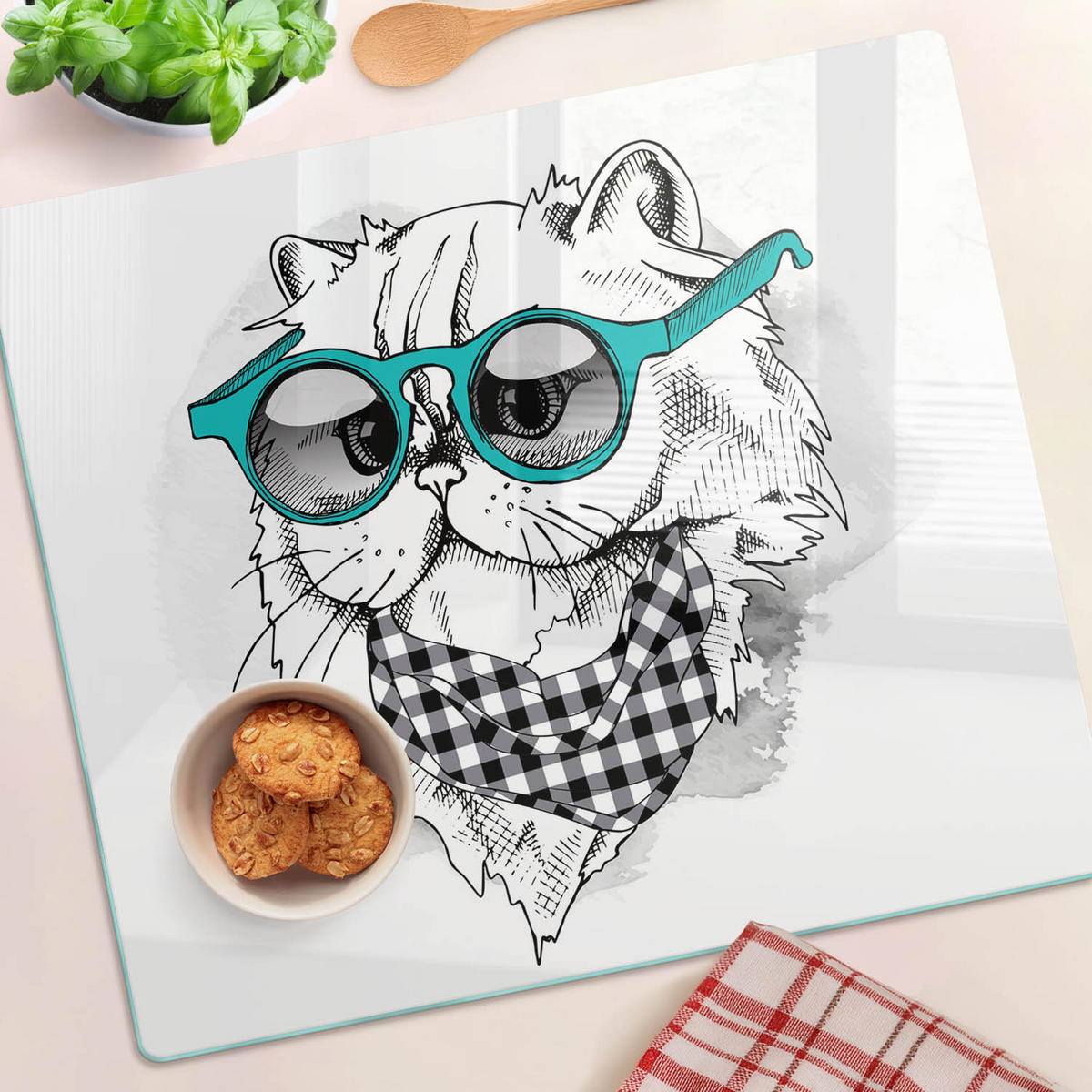 GLASPLATTE 60x52 cm Katze mit Brille - Blau, Glas (60/52cm) - TULUP