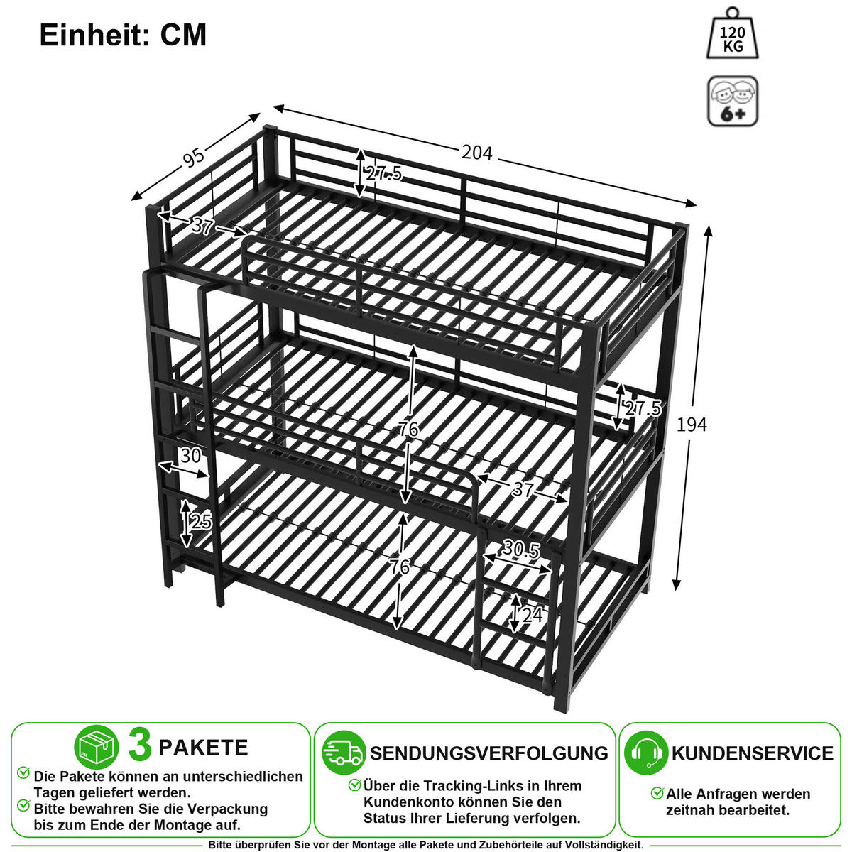 ETAGENBETT 90/200 cm in Schwarz mit Leiter und Sicherheitsgeländern Metall - Schwarz, Metall (90/200cm) - CHICFURN