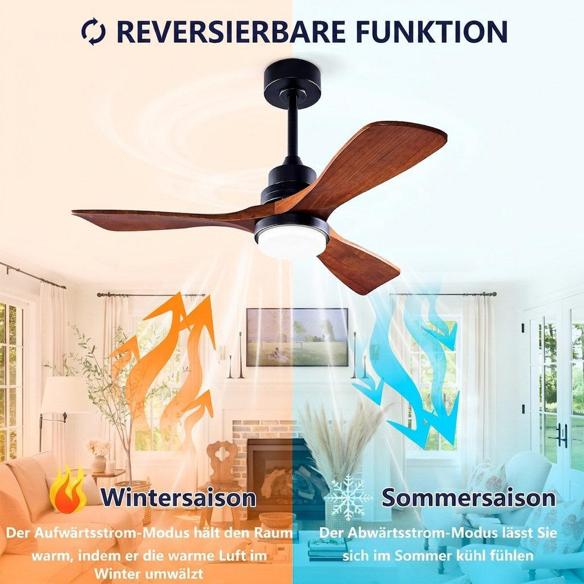 DECKENVENTILATOR & 3 Holzflügeln, 3-Stufen Dimmer, DC-Motor(35dB) - Schwarz, Holzwerkstoff (132/132/45.7cm) - BEXEVUE