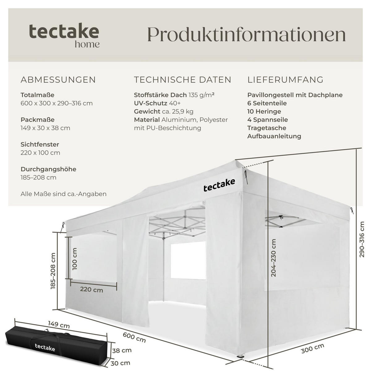 FALTPAVILLON aus Aluminium Viola, inklusive Spannseilen, Heringen und Tragetasche, weiß - Weiß, Kunststoff (300/316/600cm) - tectake