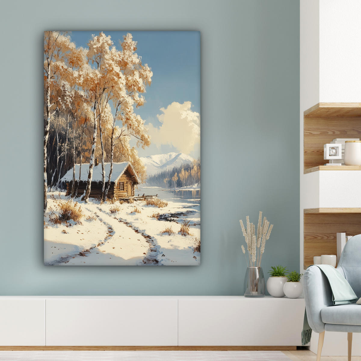 LEINWANDBILD Winter - Schnee - Zuhause - Natur 90x140 cm - Hellbraun, Textil (90/140cm) - MuchoWow