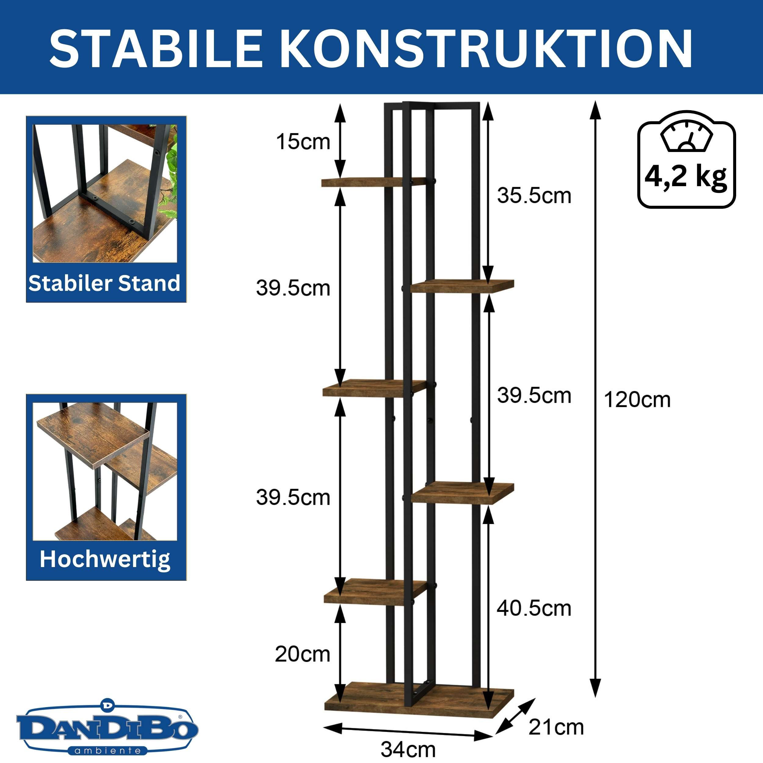 BLUMENREGAL 6 Etagen Schwarz Metall mit Holzablagen 120 cm 96582 - Schwarz, Metall (34/120/21cm) - DanDiBo