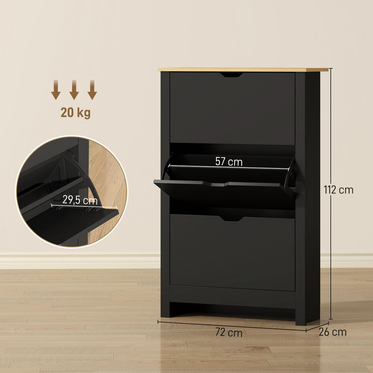 SCHUHSCHRANK Schwarz Eiche Spanplatte mit 3 Klappen platzsparend 1 Stück - Schwarz, Holz (72/112/26cm) - PANGIVO