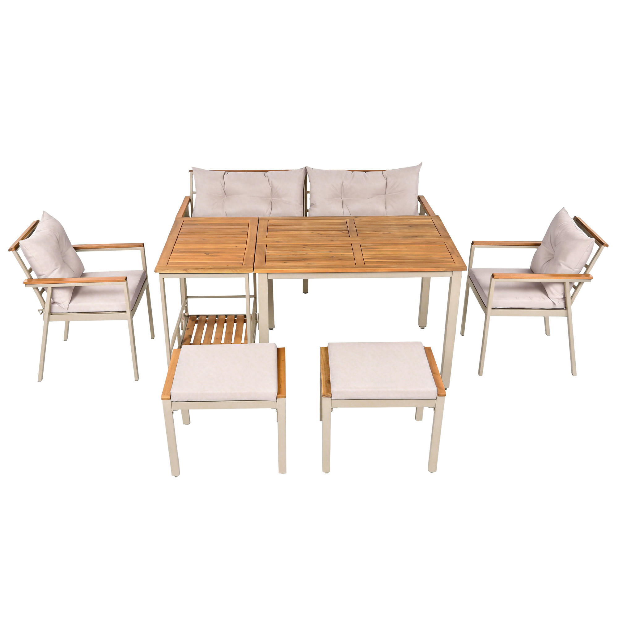 GARTEN-ESSGRUPPE 171/35/81 cm eige/Natur aus Akazienholz mit Servierwagen für 6-7 Personen - Beige, Metall - OKWISH