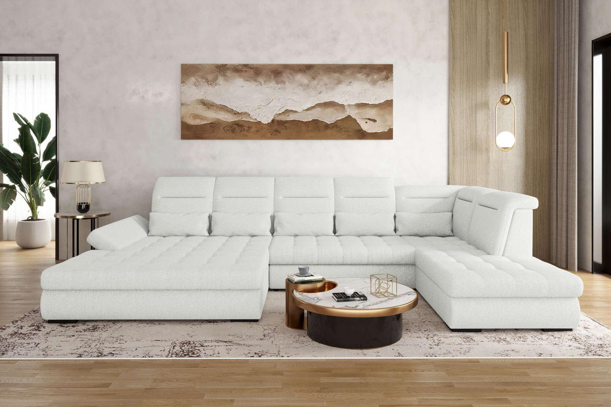 WOHNLANDSCHAFT Toscana Strukturstoff inkl. Schlaffunktion - Creme, Textil (208/87/358cm) - 99rooms