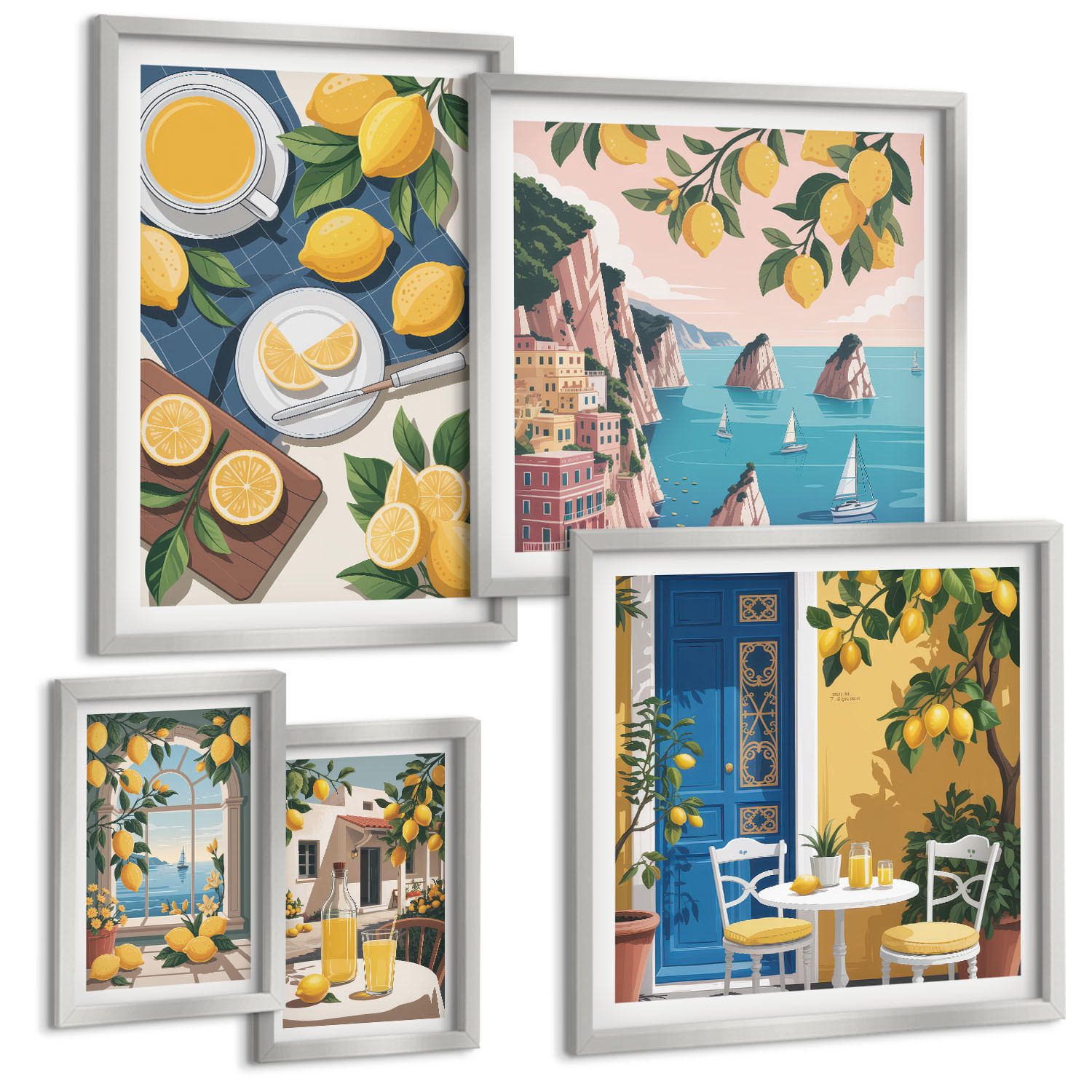 BILDER SET 5er Set - 50x50 cm & 20x30 cm & 40x60 cm Silberner Rahmen - Berge, rosa Himmel, Wasser, Sukkulente - Silberfarben, Kunststoff (40/60cm) - TULUP