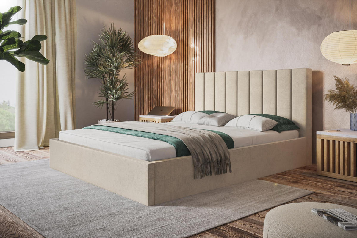BETT 200x200 - Polsterbett mit Bettkasten und Metallrahmen - Modern Betten - Weicher Jasminstoff - Kollektion Sapporo - Beige - Beige, Holz/Textil (200/200cm) - Alpi-Möbel
