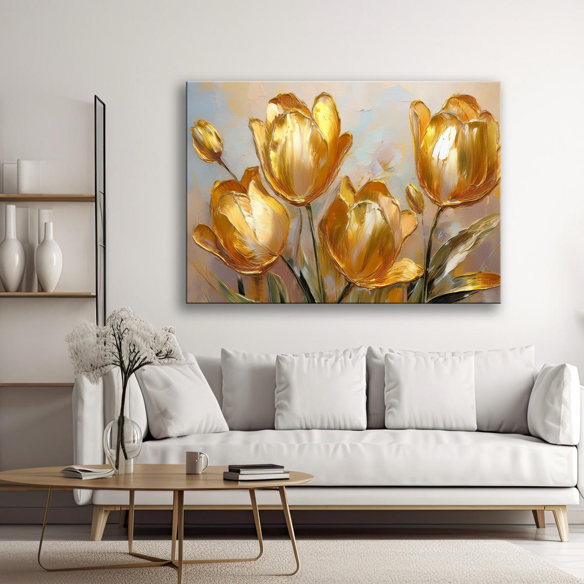 WANDBILD goldene tulpen bemalte blumen - Goldfarben, Textil (60/40cm) - Feeby