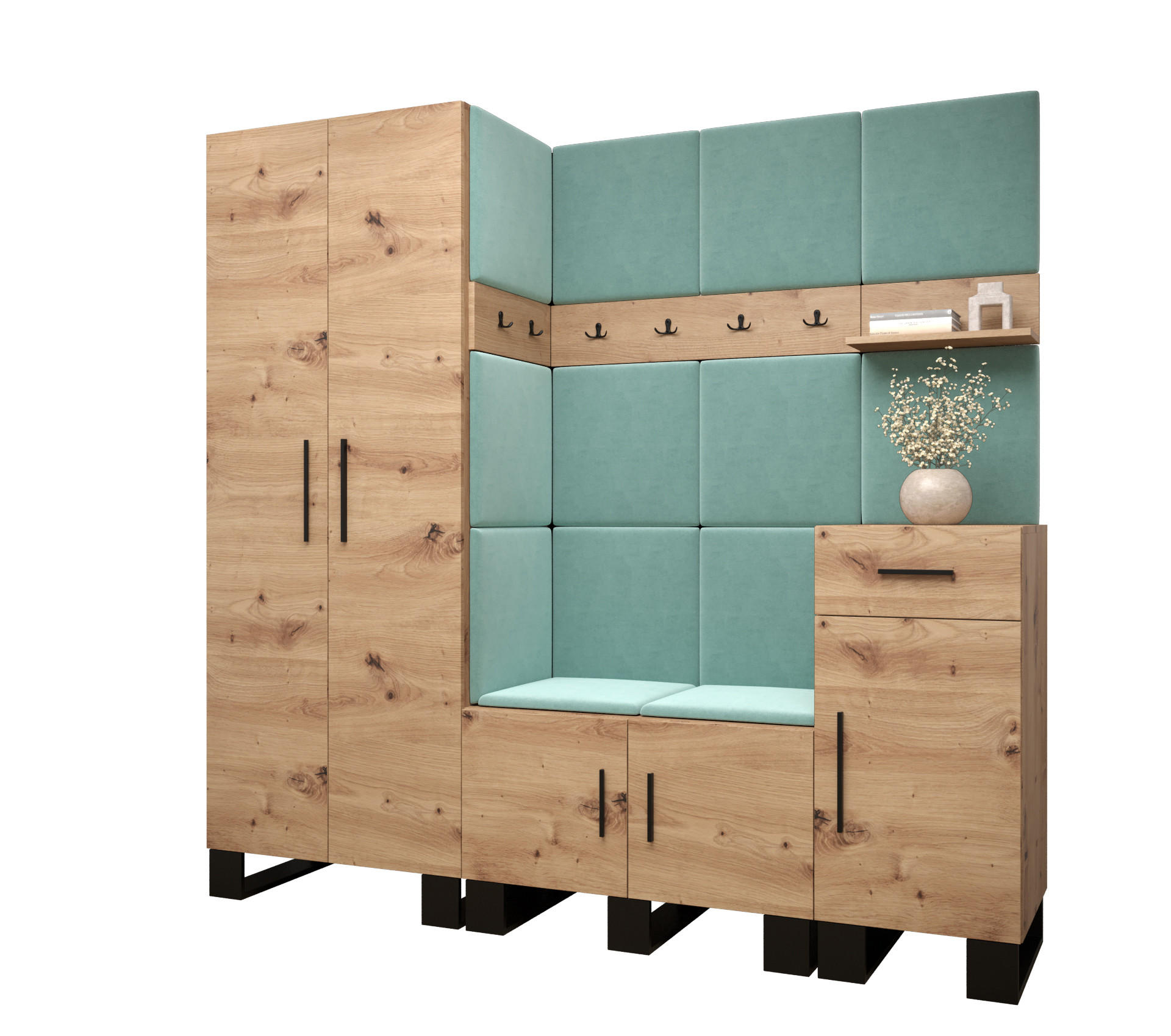 Abiks Möbel Garderoben-Set Eiche Artisan, Mintgrün 200x196x45.6 cm