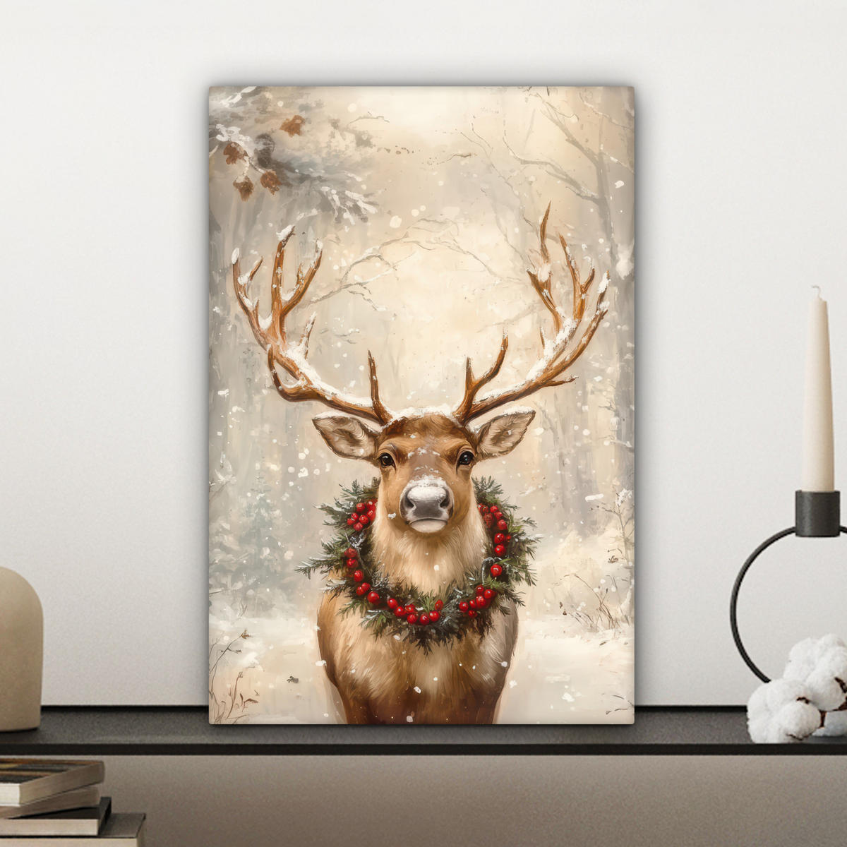 LEINWANDBILD Weihnachten - Rentier - Winter - Kranz Deko Wohnzimmer 20x30 cm - Braun, Textil (20/30cm) - MuchoWow