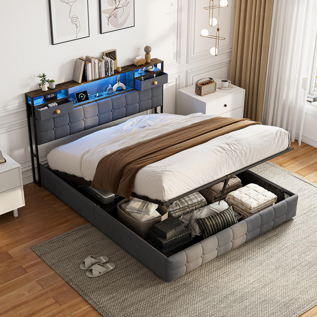 POLSTERBETT 140x200 cm Grau, Doppelbett Jugendbett mit Bettkasten, LED und Ports-USB - Grau, Holz/Metall (140/200cm) - PARAFTA HOME
