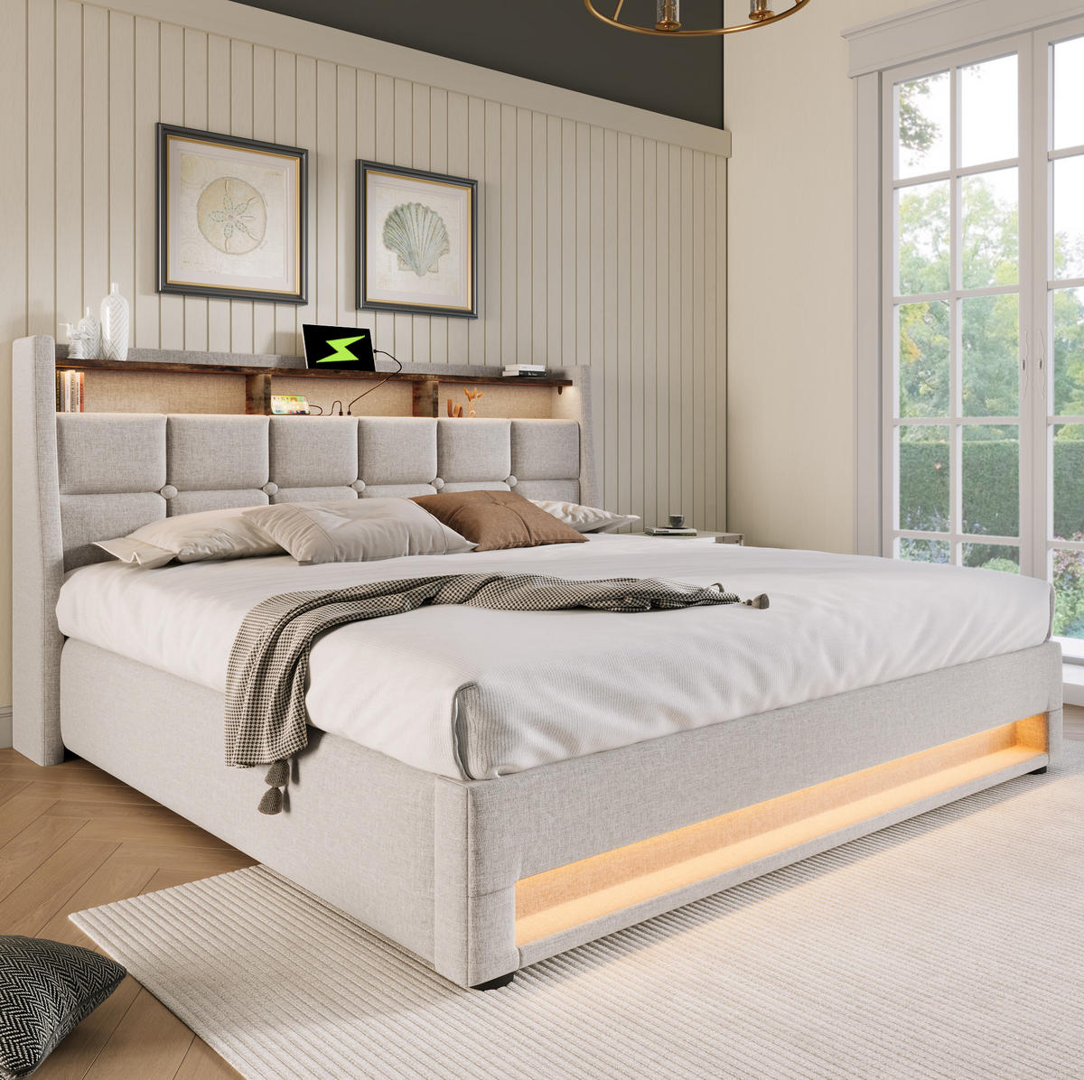 POLSTERBETT mit USB, LED und Bettkasten 140x200 cm Beige inklusive Matratze - Beige, Metall (140/200cm) - Meubliv