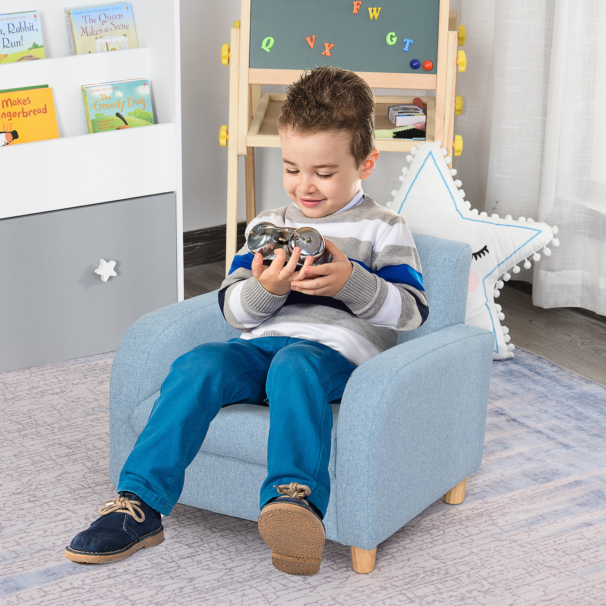 KINDERSOFA, Blau, Holz, Leinen - Blau, Holz (45/44.5/49cm) - HOMCOM