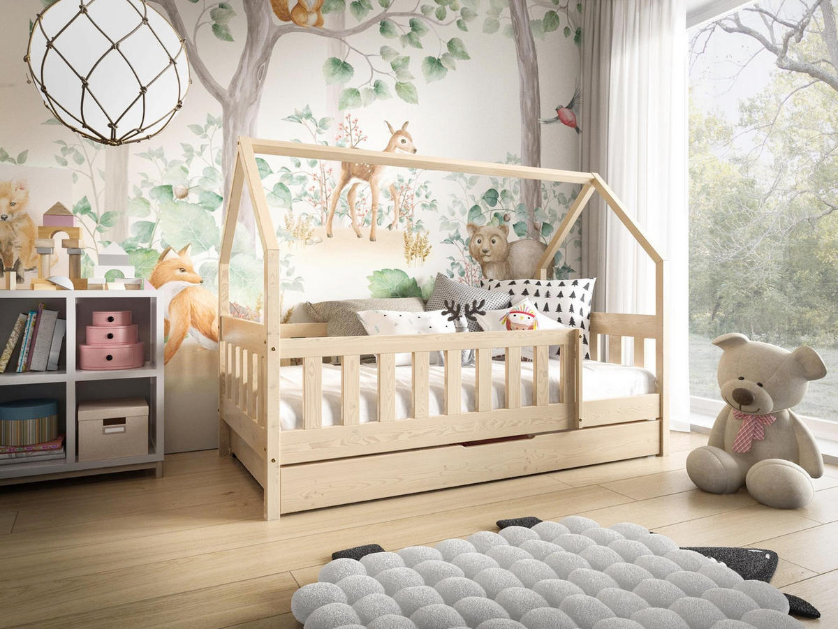 HAUSBETT Mickey mit Matratze, Rausfallschutz und Schublade (Weiß, 190x80 cm) - Weiß, Holz (80/125/190cm) - VENASI MÖBEL