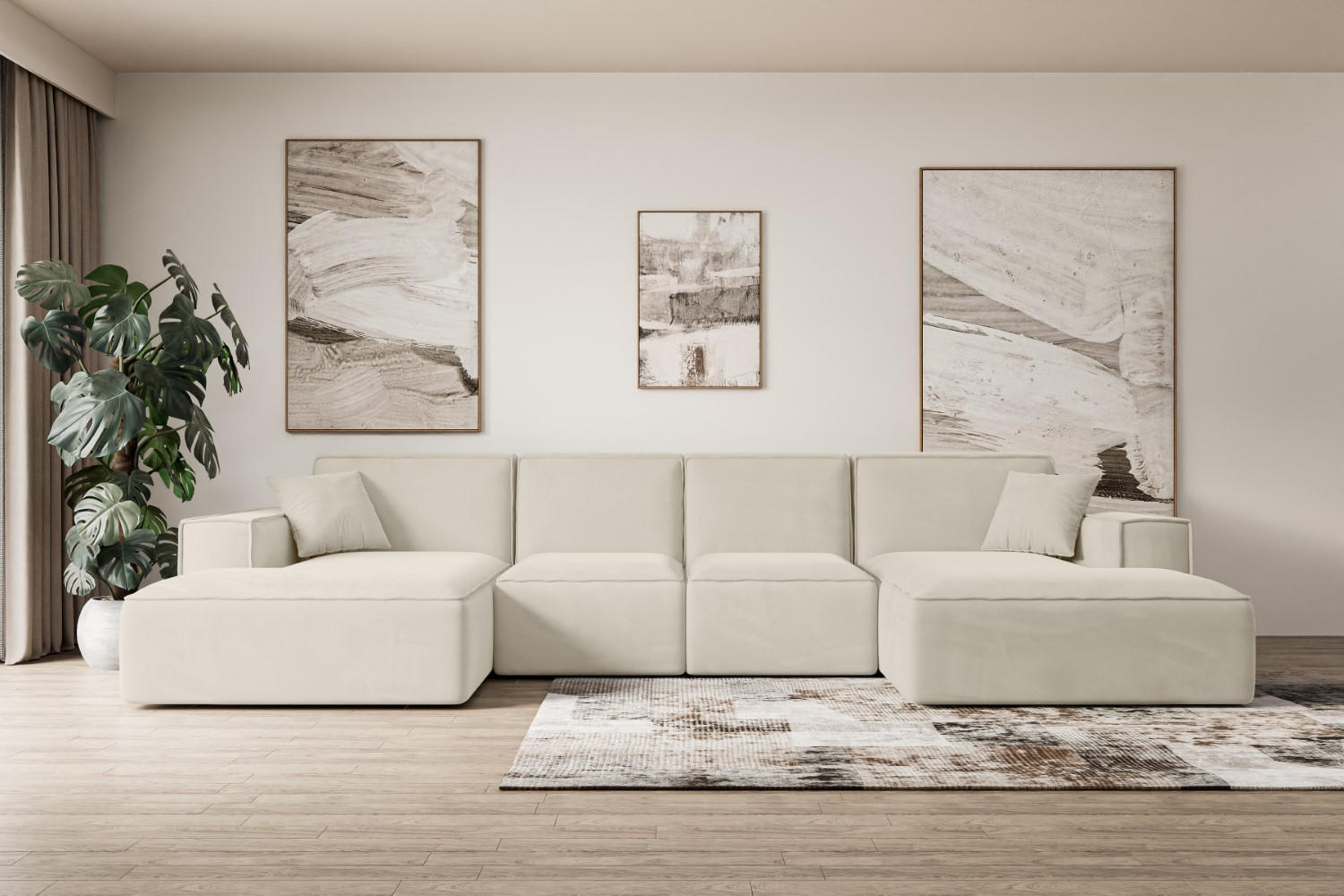 WOHNLANDSCHAFT SIERRA-U - 344x165x73 cm Beige Velours - Beige/Schwarz, Holzwerkstoff/Kunststoff (344/73/165cm) - ALTDECOR