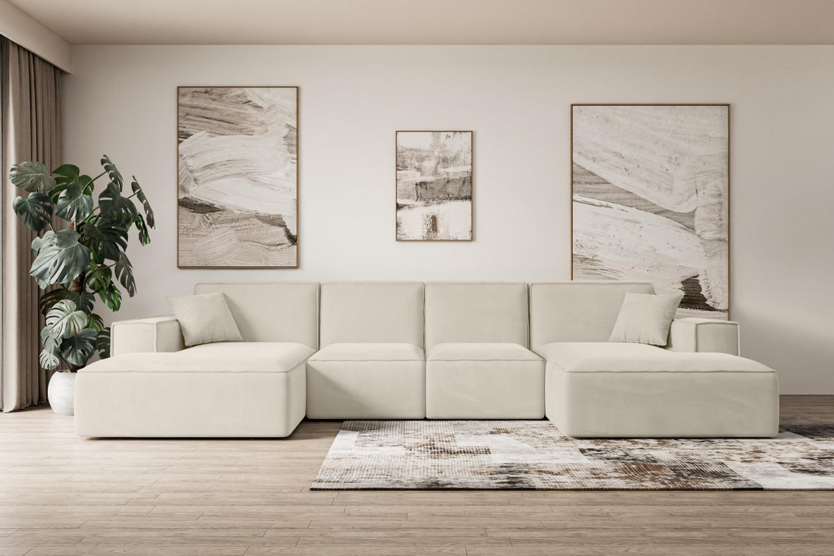 WOHNLANDSCHAFT SIERRA-U - 344x165x73 cm Beige Velours - Beige/Schwarz, Holzwerkstoff/Kunststoff (344/73/165cm) - ALTDECOR