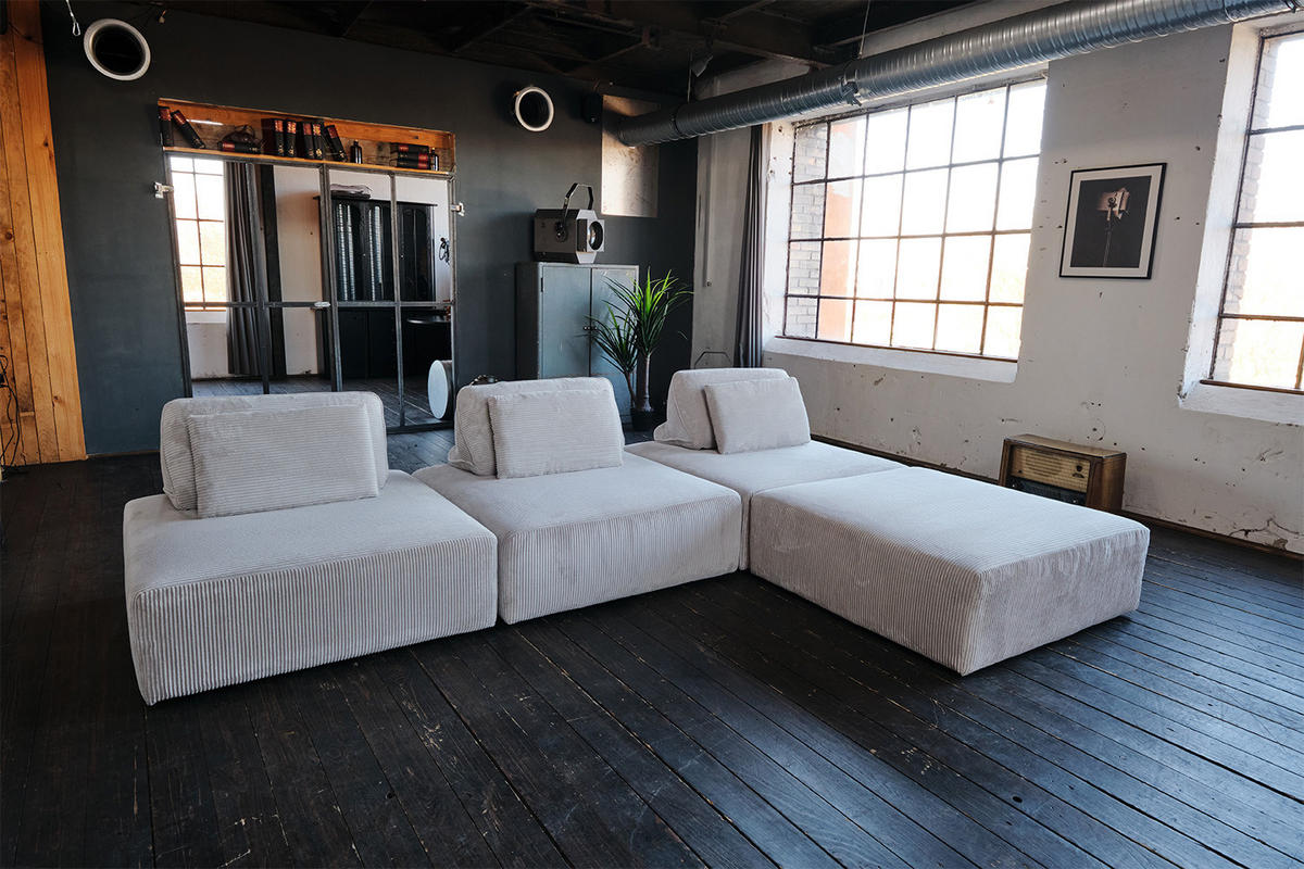 MODULSOFA WIOLO SOFT 4 MODULE 4 KISSEN Hellgrau Cord - Hellgrau/Schwarz, Kunststoff/Textil (333/84/222cm) - KAWOLA