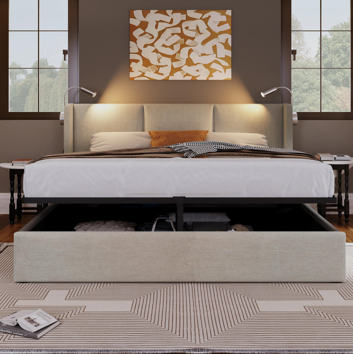 POLSTERBETT 160/200 cm Beige aus Leinen mit Stauraum, Leselicht und USB-Ladefunktion - Beige, Textil (160/200cm) - Flora Grace