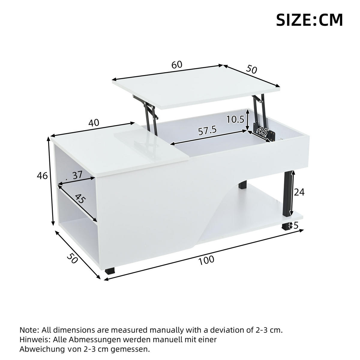 COUCHTISCH höhenverstellbar, Stauraum & Metallgestell, 50/100/46 cm, Spanplatte - Weiß, Holzwerkstoff/Metall (100/50/46cm) - EVRYAE