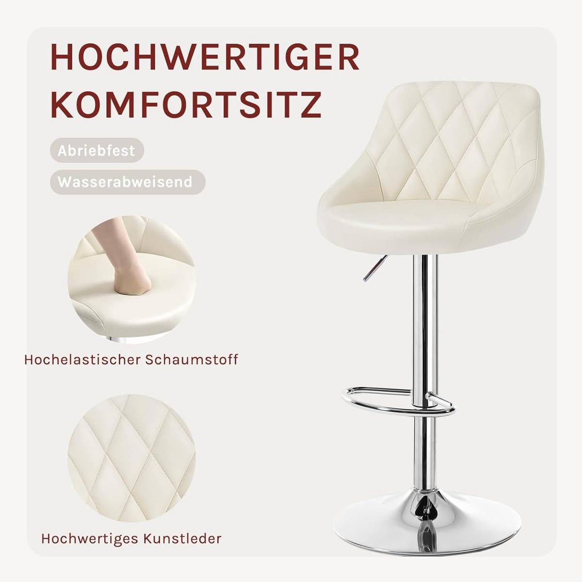 BARHOCKER 2er Set, Kunstleder,Höhenverstellbar, 360° Drehbar - Creme, Metall (47/104/39cm) - Woltu