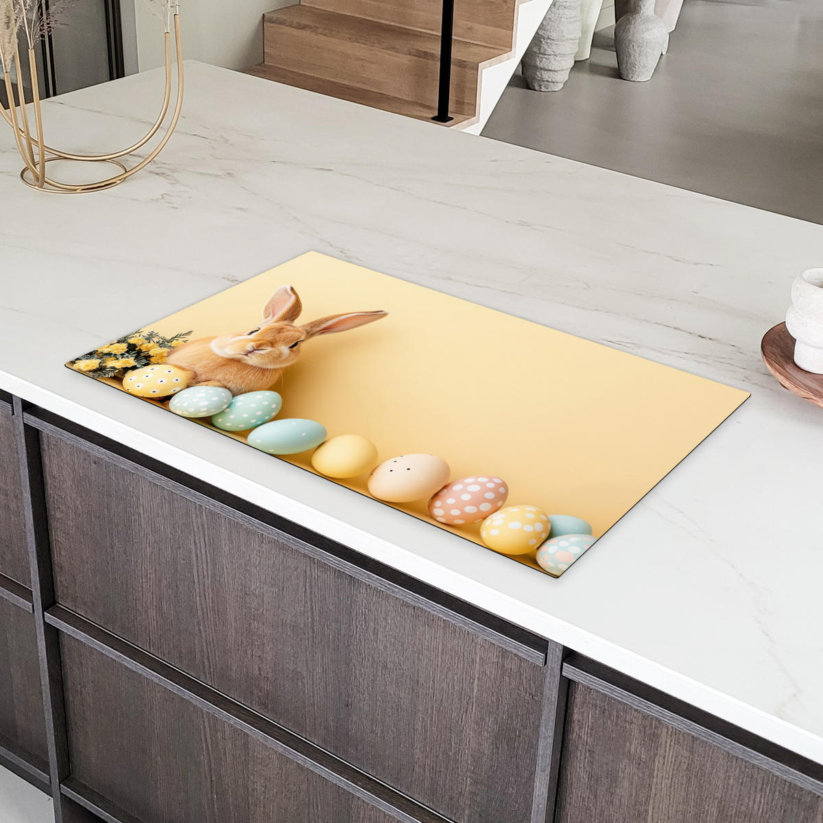 HERDABDECKPLATTE Eier - Kaninchen - Pastellfarbtöne Ceranfeldabdeckung 90x52 cm - Hellgelb, Kunststoff (90/52/0.2cm) - MuchoWow