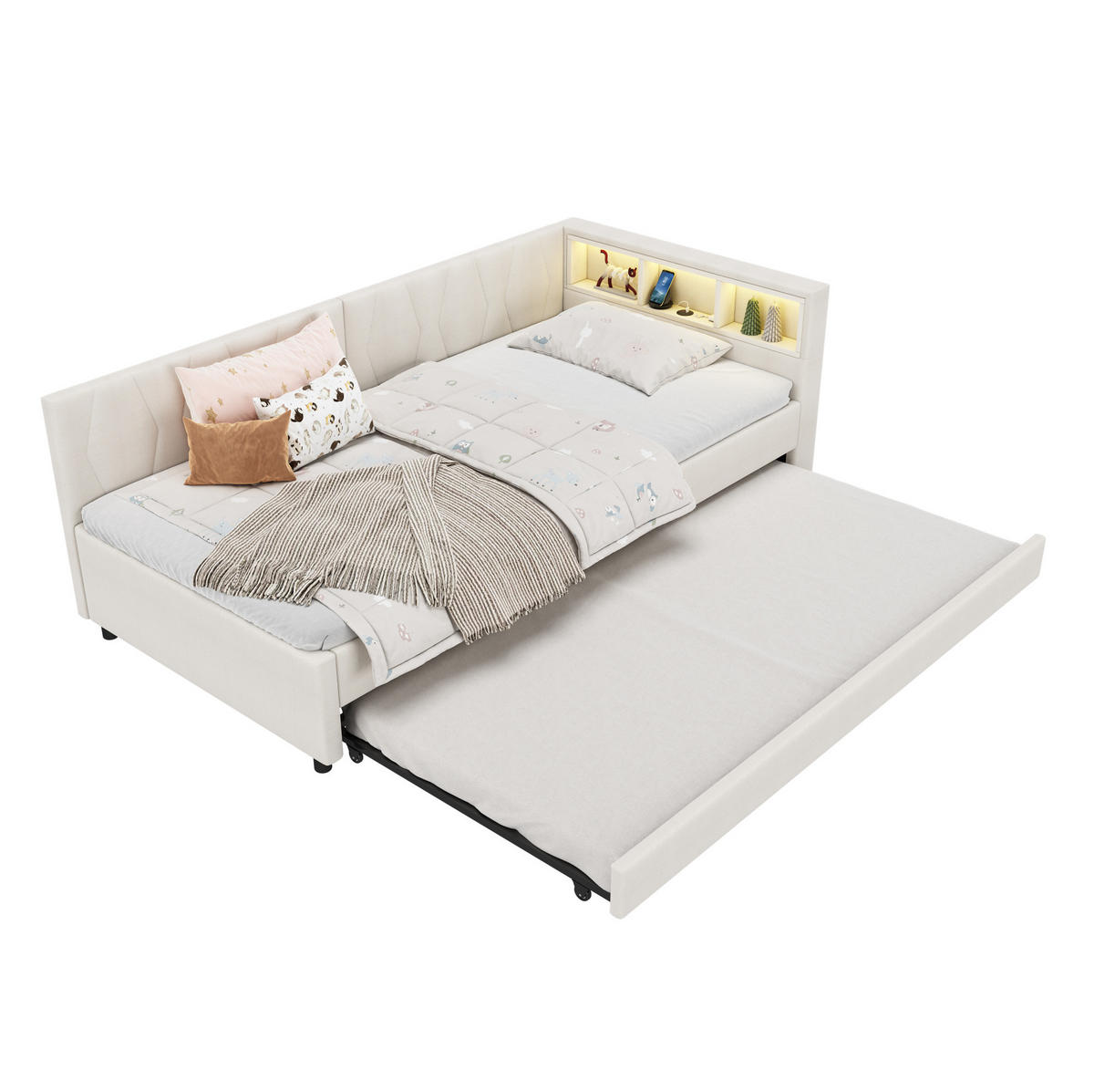 POLSTERBETT mit LED-Beleuchtung 90/200 cm mit Ausziehbett und USB, Beige - Beige, Textil (90/200cm) - BEAOK
