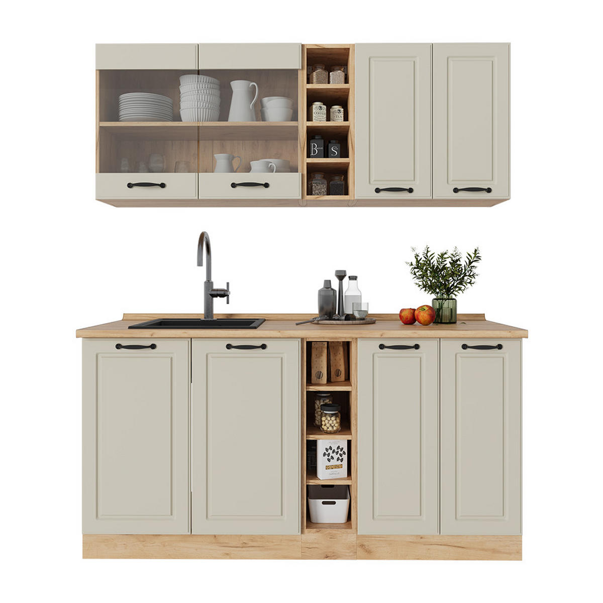 SINGLEKÜCHE R-Line, Sand Landhaus/Goldkraft Eiche, 160 cm Arbeitsplatte Anthrazit - Honigeiche/Beige, Holzwerkstoff (160/81.6/60cm) - Vicco