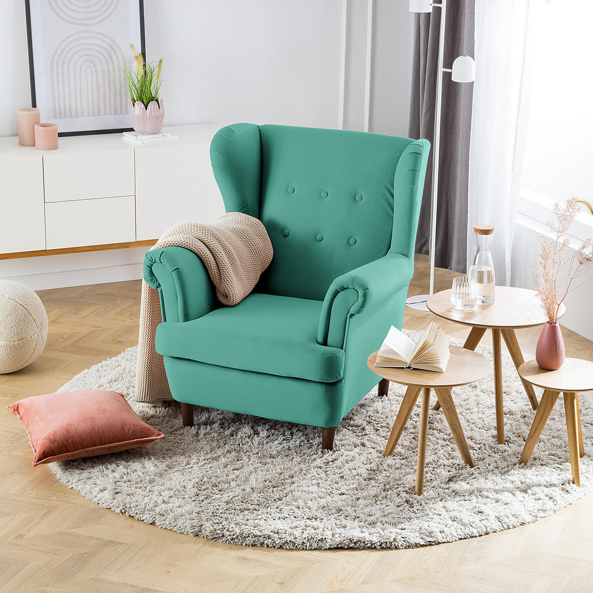 OHRENSESSEL - Türkis/Dunkelbraun, Textil (85/101/89cm) - home24