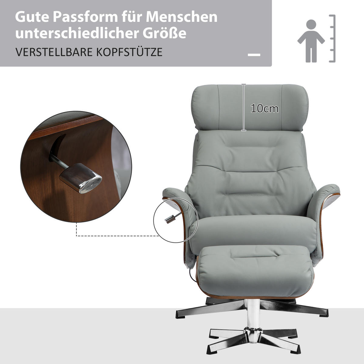 RELAXSESSEL mit Hocker, Fernsehsessel mit Liegefunktion, verstellbare Kopfstütze - Hellgrau, Kunststoff (84/108/80cm) - HOMCOM