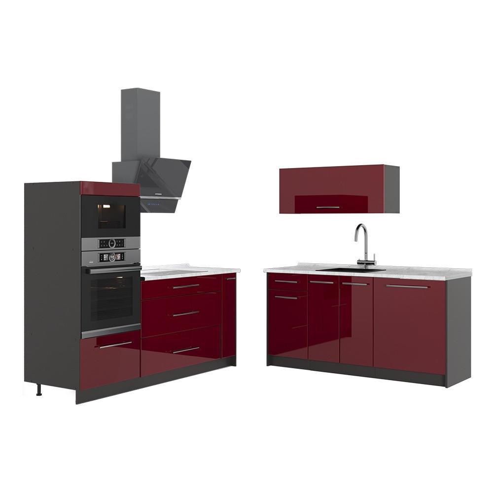 KÜCHENZEILE Fame-Line, Bordeaux Hochglanz/Anthrazit, 340 cm, AP Marmor - Bordeaux/Anthrazit, Holzwerkstoff (340/153.6/60cm) - Vicco