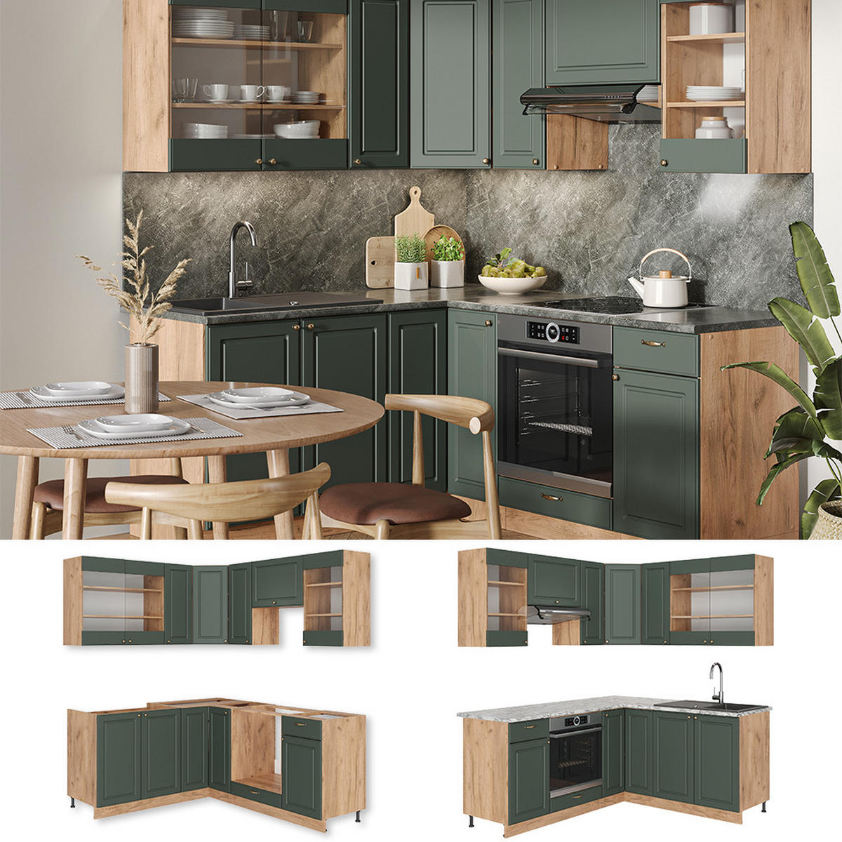 ECKKÜCHE Fame-Line Grün-Gold Landhaus/Goldkraft Eiche 160 x 60 cm ohne AP - Eiche Wotan/Grün, Holzwerkstoff (190/81.6/46cm) - Vicco