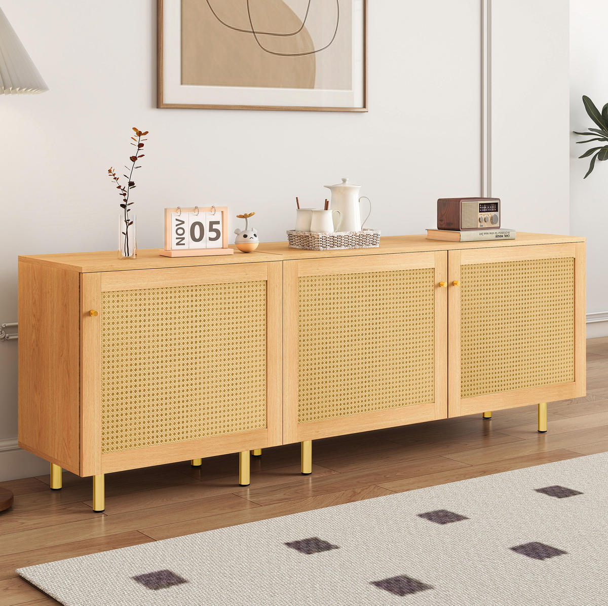 SIDEBOARD aus MDF 180x40x63 cm Natur mit modularem Stauraum und goldfarbenen Metallbeinen - Naturfarben, Holzwerkstoff (180/63/40cm) - Modfu
