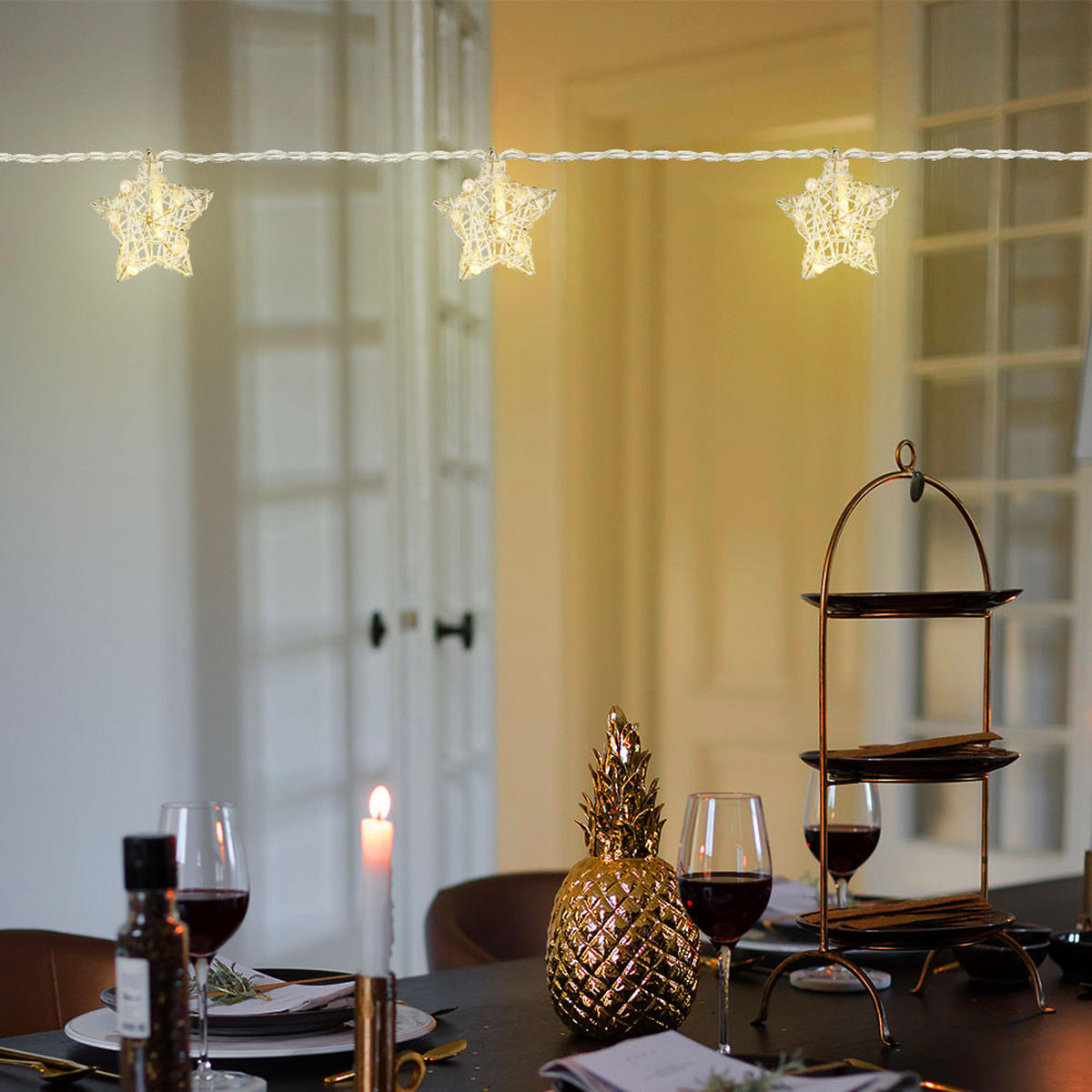 LED Lichterkette Sternen-Design Silber - Silberfarben, Metall (90/5.5/1.5cm) - Globo Lighting