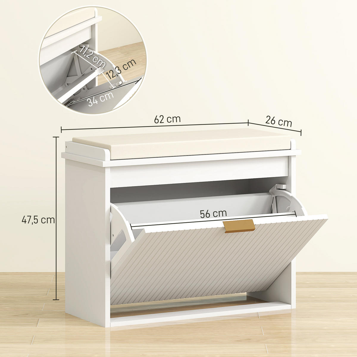 SCHUHBANK Weiß 62/26/47,5 cm - Weiß, Holzwerkstoff (62/47.5/26cm) - PANGIVO