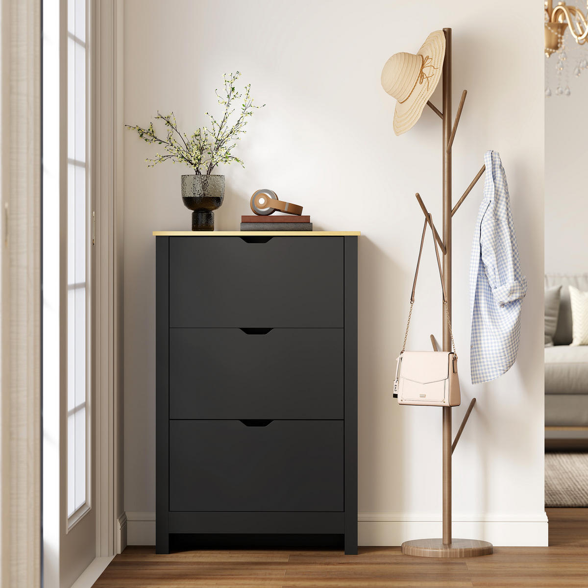 SCHUHSCHRANK Schwarz Eiche Spanplatte mit 3 Klappen platzsparend 1 Stück - Schwarz, Holz (72/112/26cm) - PANGIVO