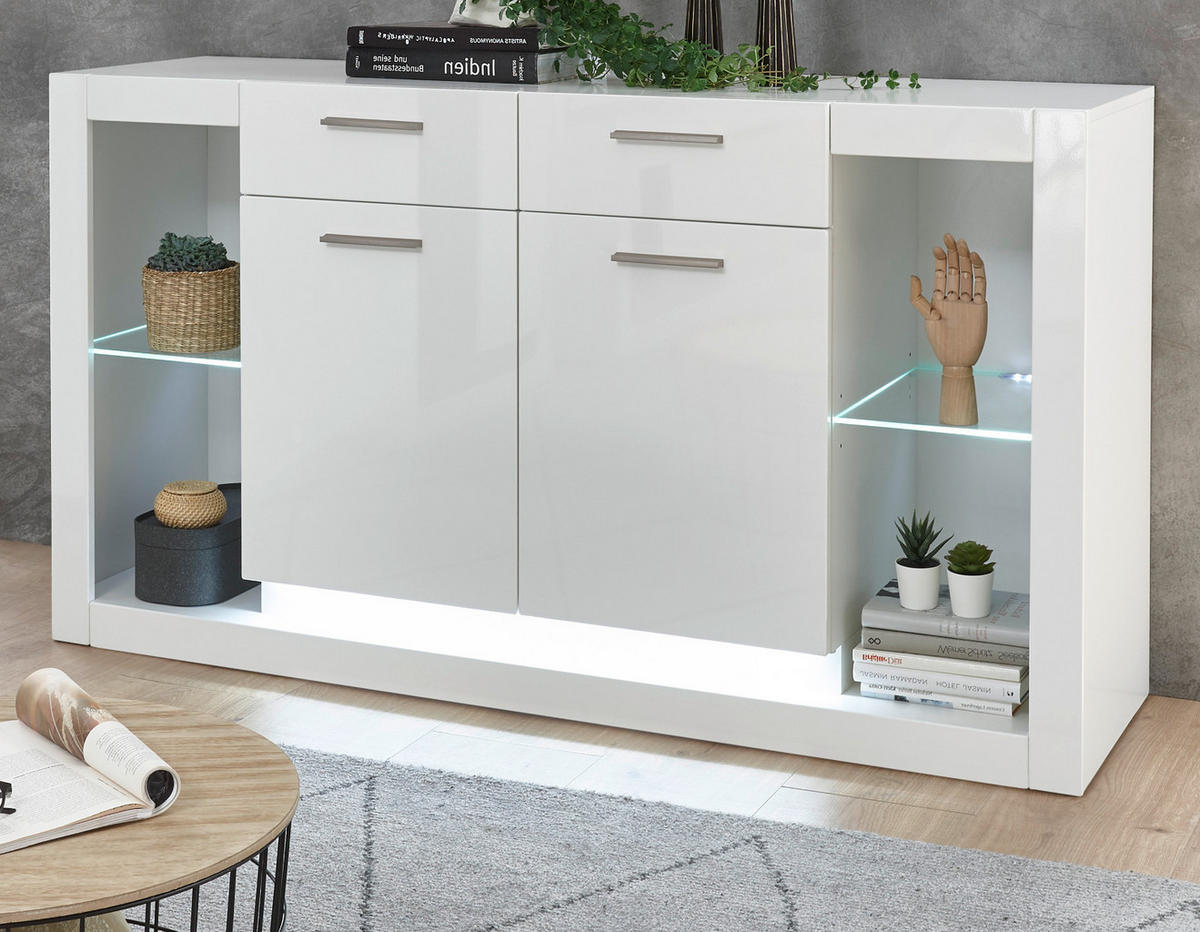 SIDEBOARD weiß Hochglanz 150 cm, Kommode mit viel Stauraum - Weiß Hochglanz/Silberfarben, Glas/Holzwerkstoff (150/83/43cm) - Furn.Design