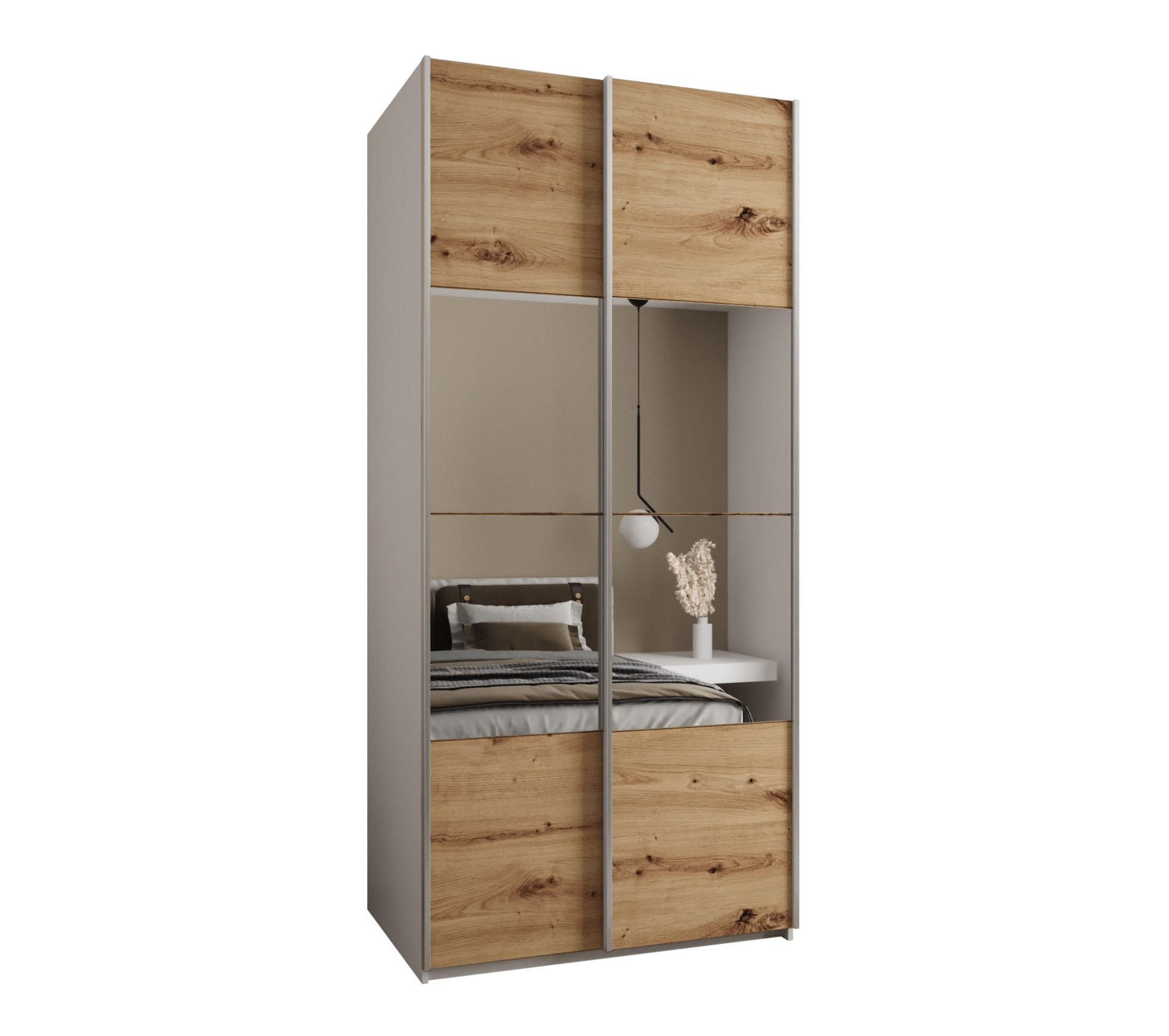 Abiks Möbel Schwebetürenschrank Weiß, Eiche Artisan, Silber 120x245x64 cm