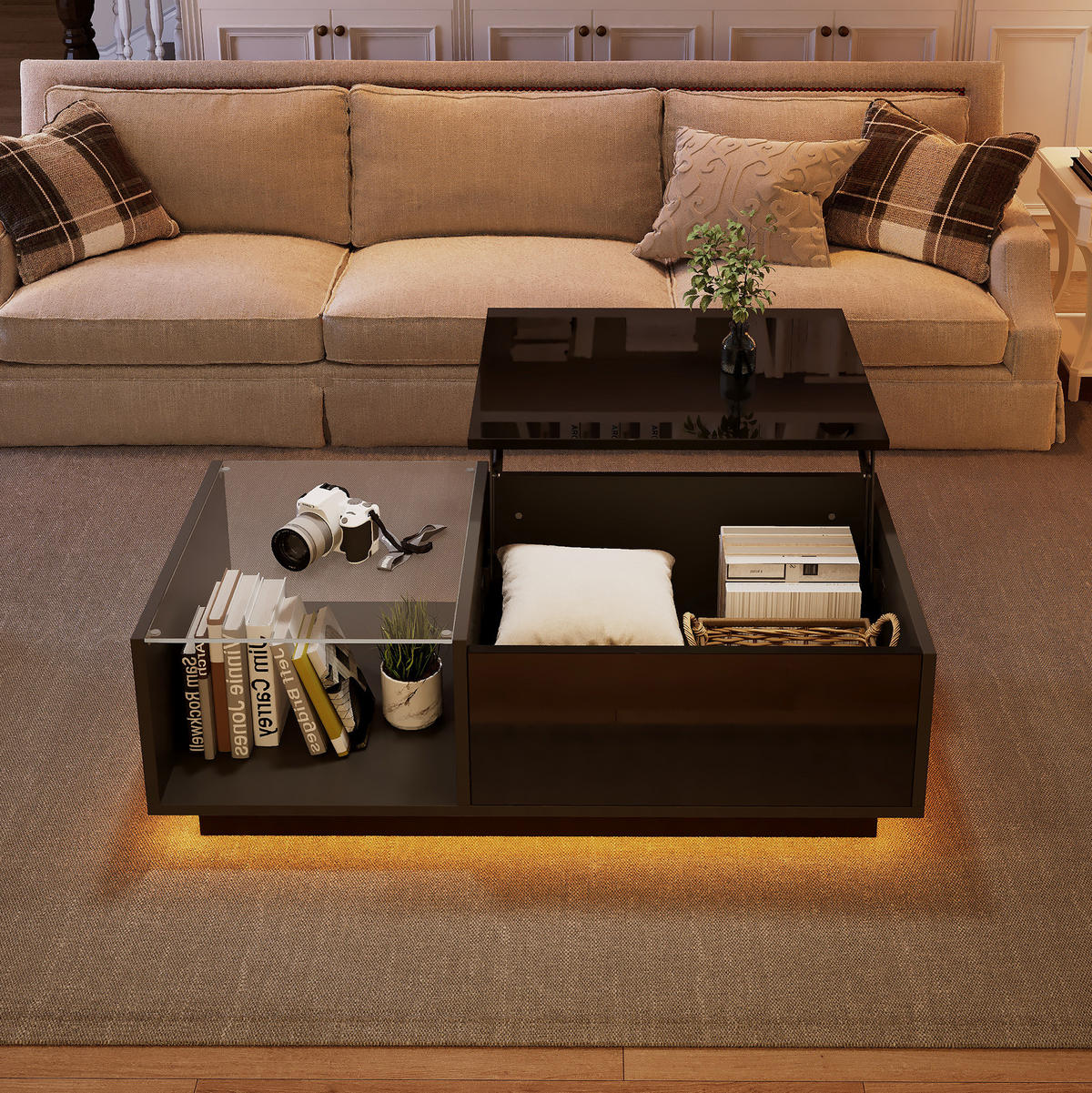 COUCHTISCH mit LED und Stauraum 100 x 50 cm Hochglanz Schwarz - Schwarz, Holzwerkstoff (100/50/33cm) - Meubliv