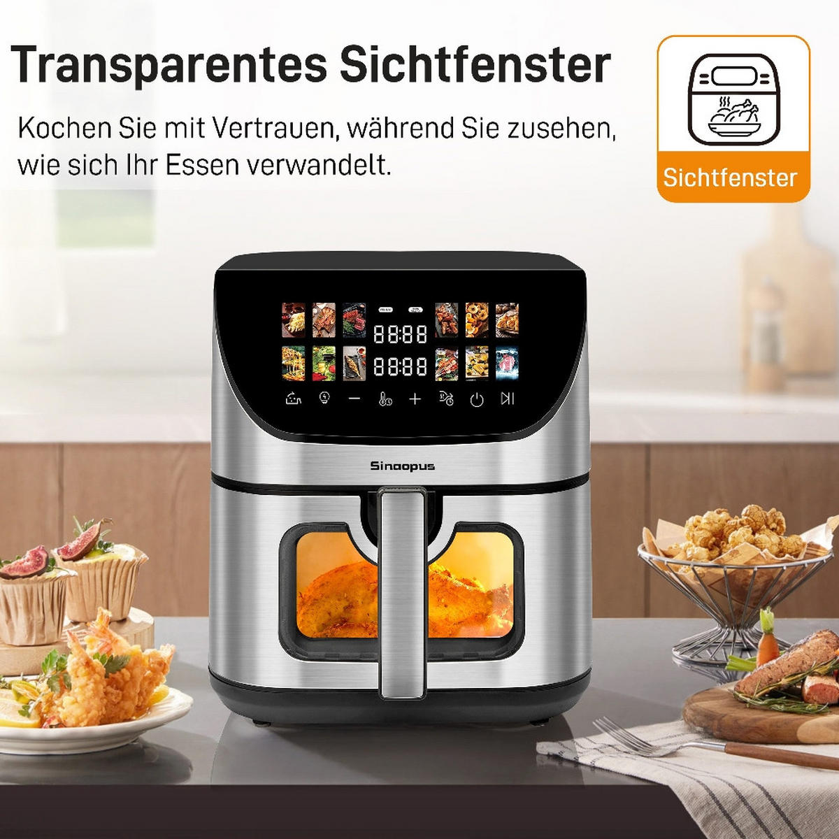 FRITTEUSE XXL 8,5L mit Sichtfenster, Farbdisplay, 12 Programme, 41,4/31/34,8 cm - Schwarz, Kunststoff (31/34.8/41.4cm) - Rolipo