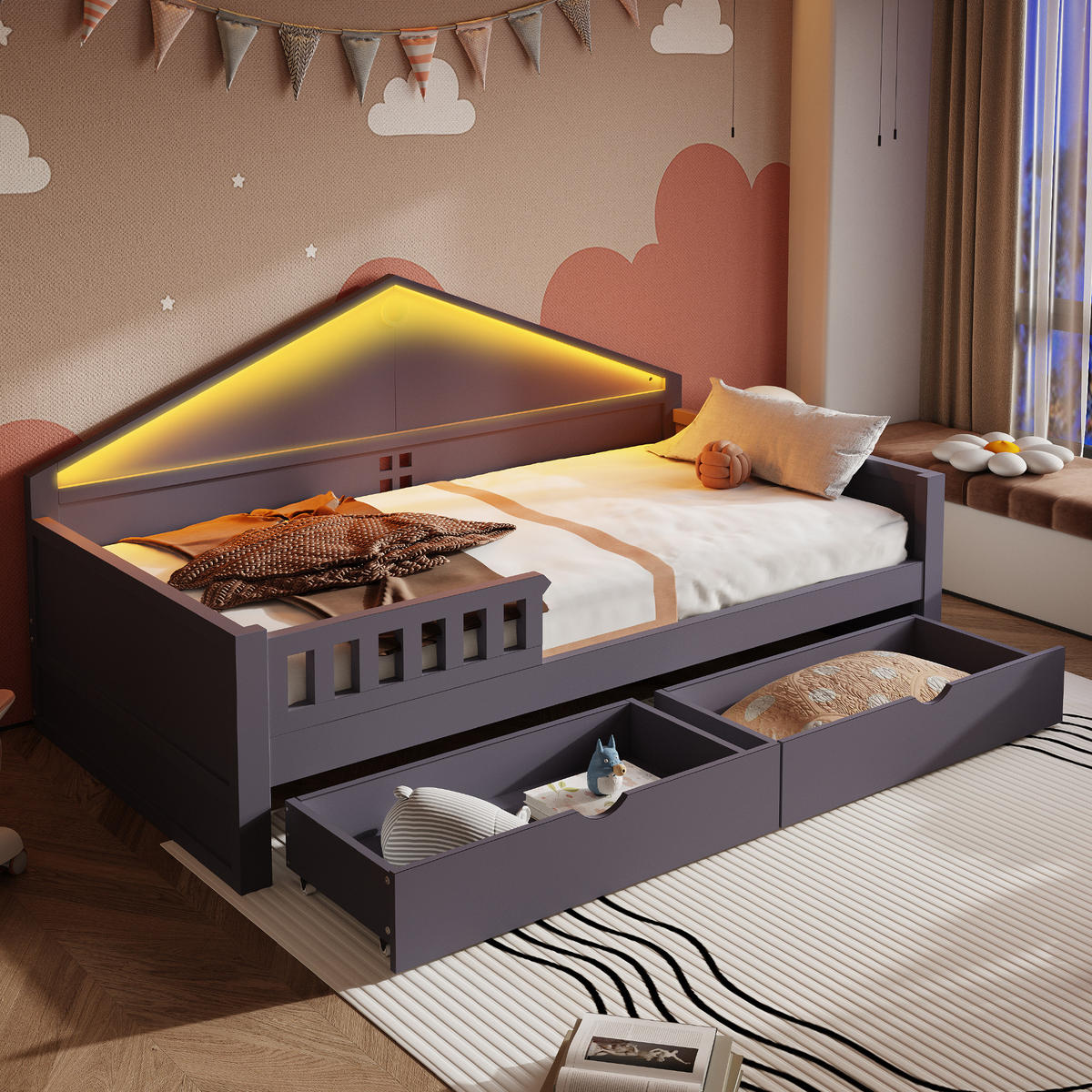 KINDERBETT 90/200 cm grau aus Massivholz und MDF mit LED-Lichtleiste und Schubladen - Grau, Holz (90/200cm) - OKWISH