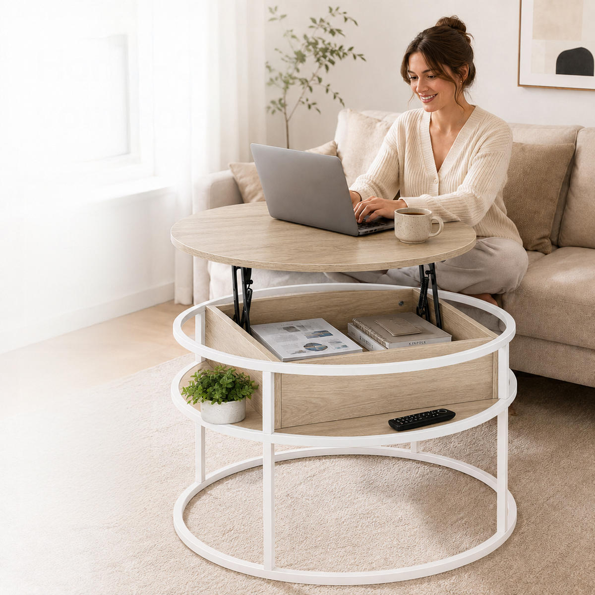 COUCHTISCH Weiß Beige Liftfunktion mit Stauraum - Beige, Holzwerkstoff/Metall (80/80/47cm) - Relaxdays