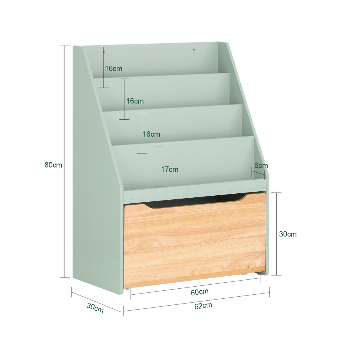 BÜCHERREGAL Grün-Natur - Naturfarben/Grün, Holz/Holzwerkstoff (62/80/30cm) - SoBuy