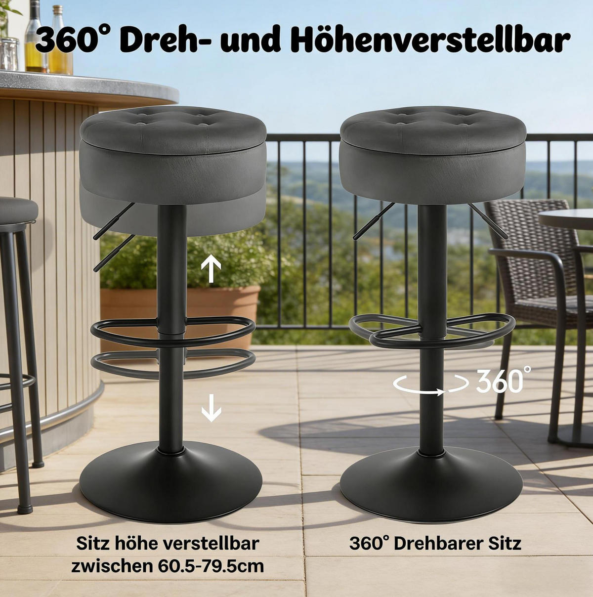 BARHOCKER mit Stauraum, höhenverstellbar, 39 x 39 x 79,5 cm, Dunkelgrau - Dunkelgrau, Metall (39/79.5/39cm) - Meubliv