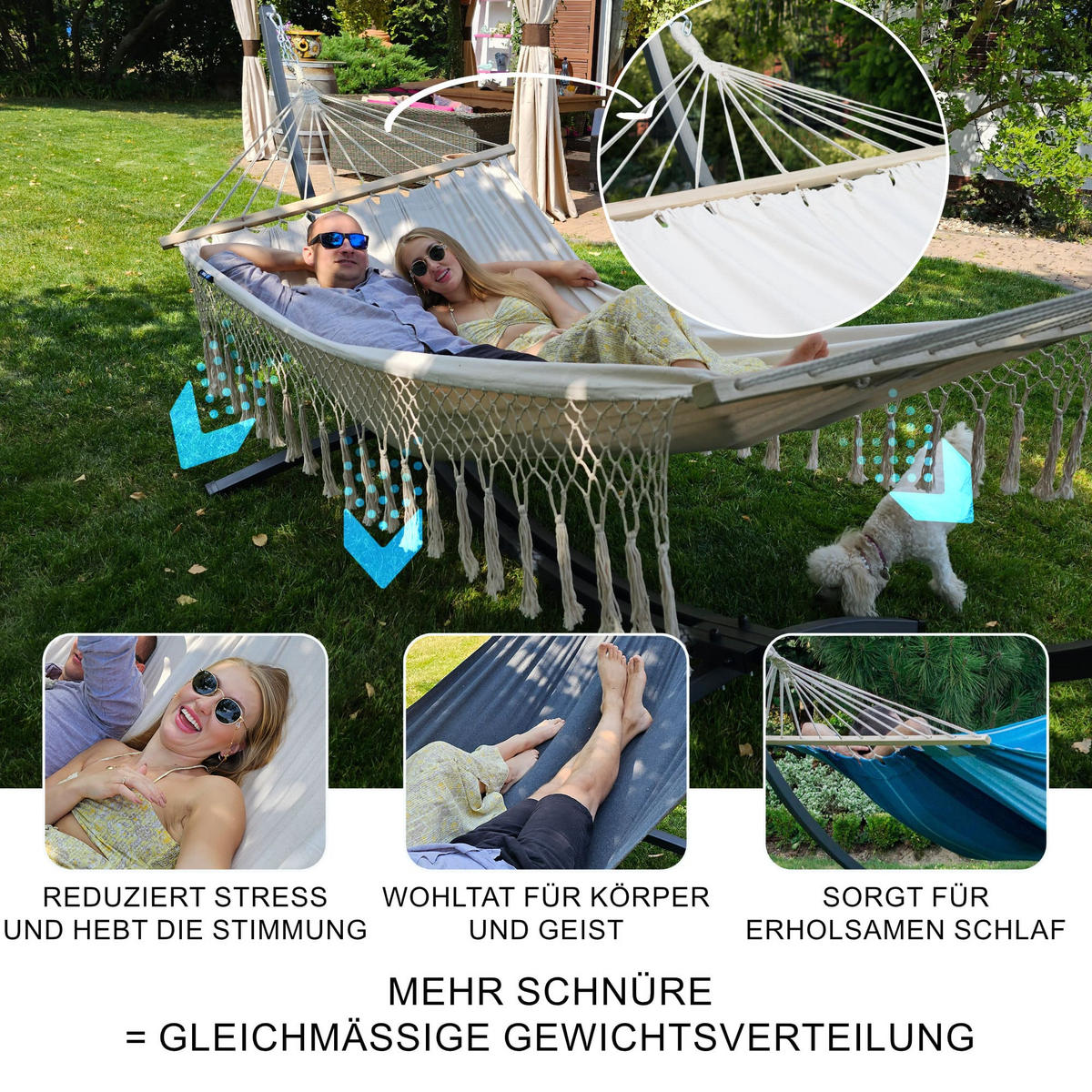 HÄNGEMATTE mit Gestell, 2 Personen, Stabhängematte, XXL, 200 kg, Metall, Santia Beige, einfache Montage - Beige, Metall (370/130/120cm) - Potenza