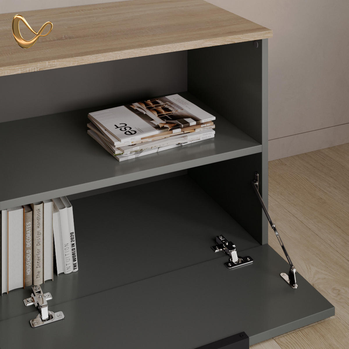 KOMMODE Piave Anthrazit/Sonoma mit klappe - Anthrazit/Sonoma Eiche, Holzwerkstoff (60/50/40cm) - Livinity®