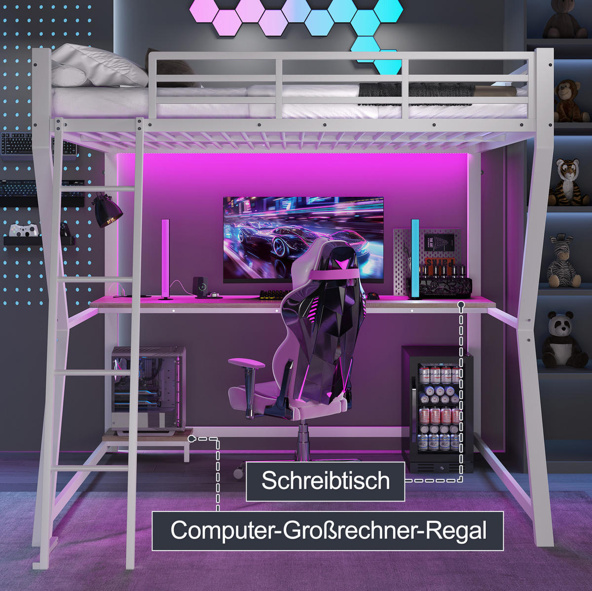 HOCHBETT aus Metall und MDF 140x200 cm Weiß mit LED-Beleuchtung, Schreibtisch, USB-Anschluss, Steckdose und Treppe - Weiß, Metall (140/200cm) - Modfu