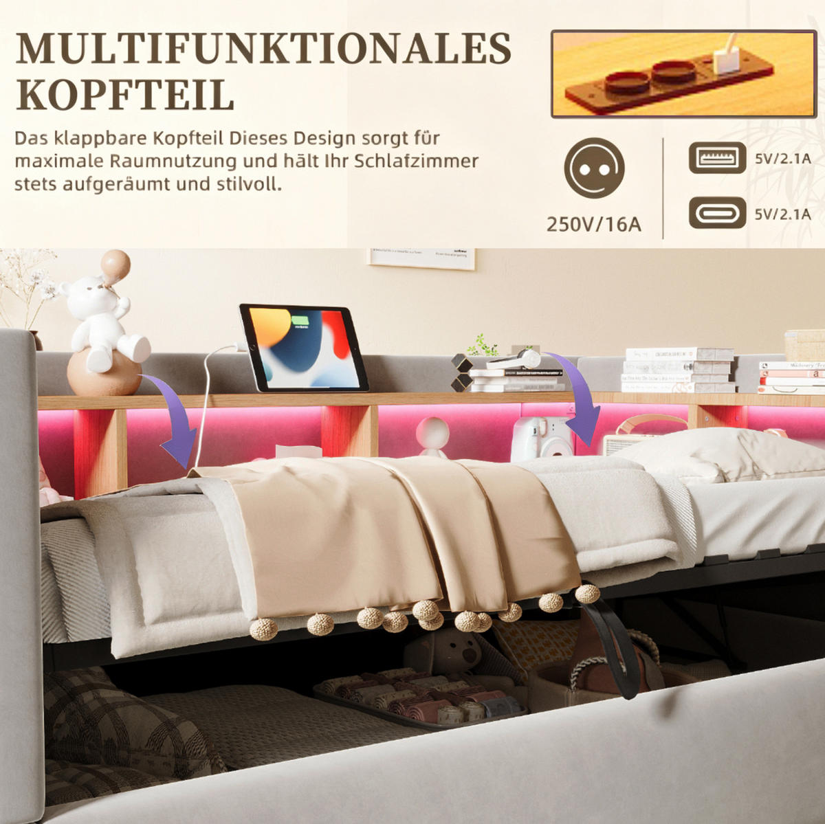 POLSTERBETT 90/190 cm aus Flanell mit LED und Steckdosen, Hellgrau - Hellgrau, Textil (90/190cm) - OKMYHOME