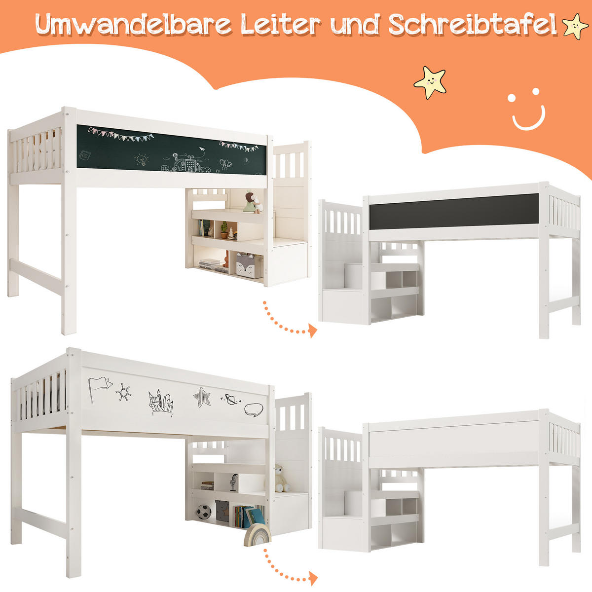 HOCHBETT 90/200 cm in Weiß mit Ablagefächern, Schreibtafel und Treppe - Weiß, Holzwerkstoff (90/200cm) - STILVORA